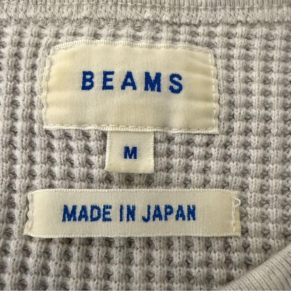 Beams Waffle Sweater Sz M Ivory Long Sleeve 100% Cotton Stretch Made In Japan - Picture 8 of 11